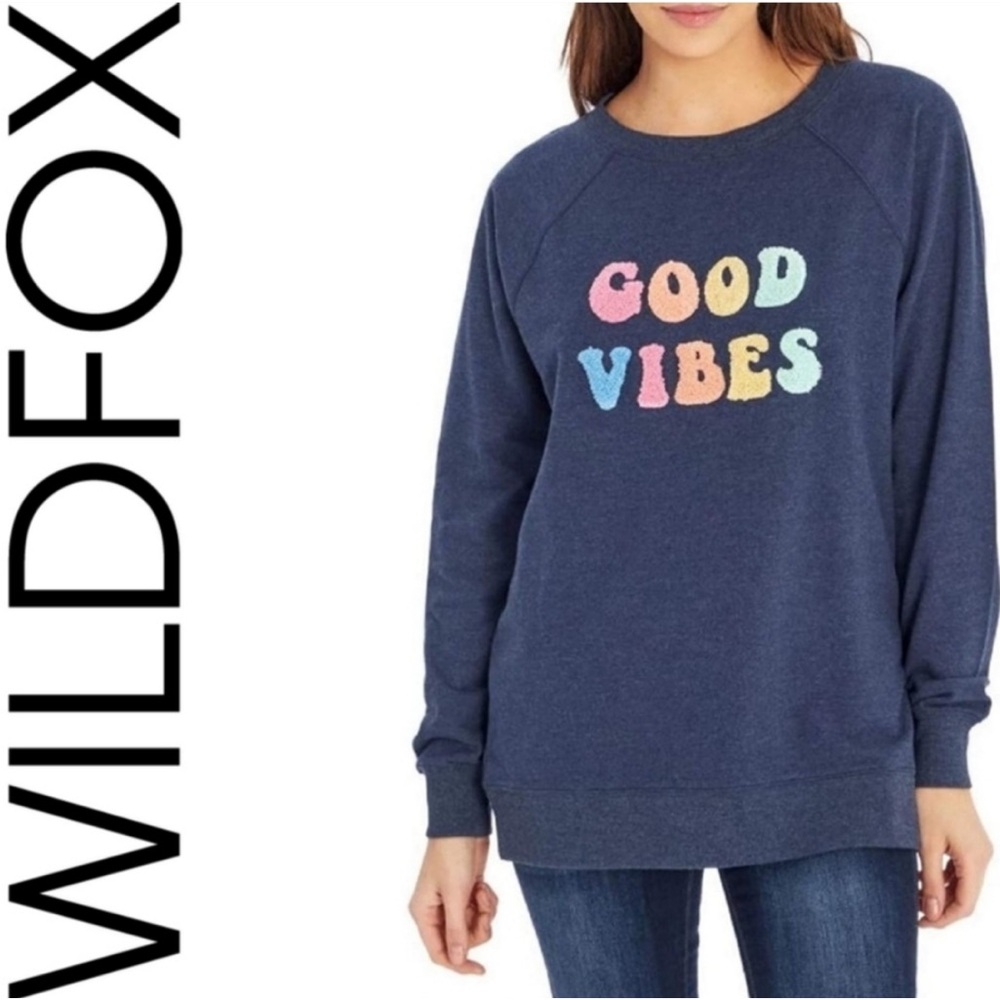 WILDFOX “Good Vibes” Blue Pull Over ultra Soft Sweatshirt! Size L